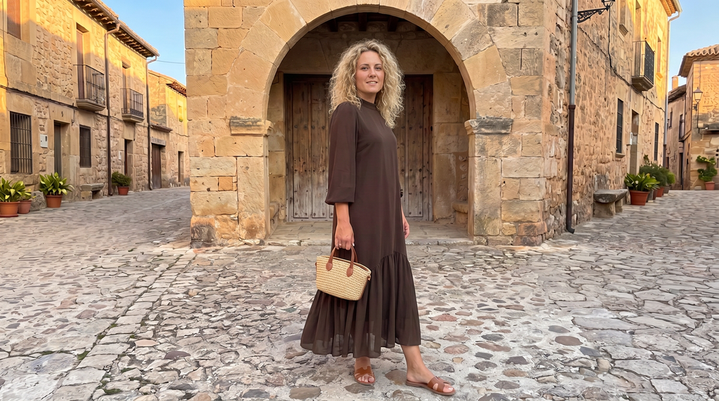 Vestido Andrea: Gasa Chocolate con Volante Asimétrico