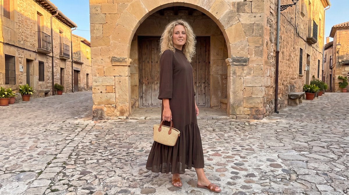 Vestido Andrea: Gasa Chocolate con Volante Asimétrico
