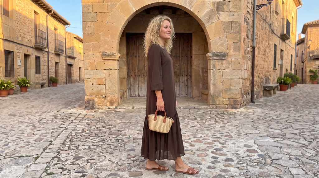 Vestido Andrea: Gasa Chocolate con Volante Asimétrico