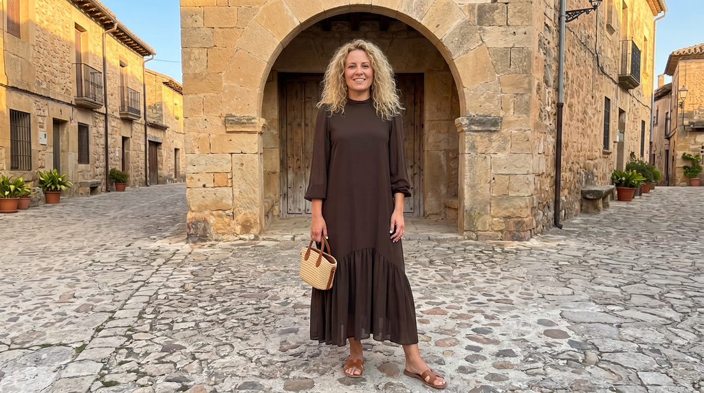 Vestido Andrea: Gasa Chocolate con Volante Asimétrico
