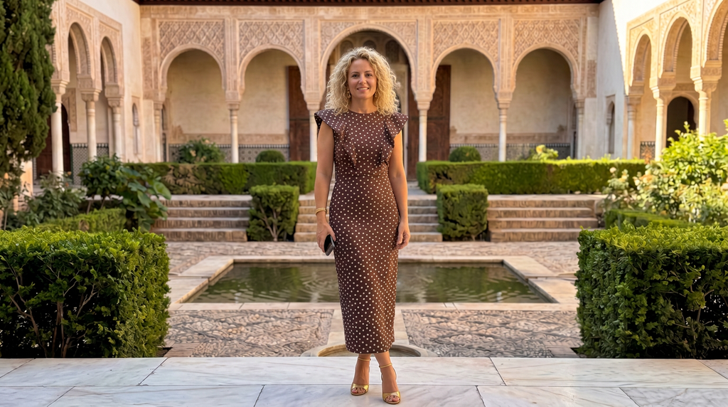 Vestido Midi Camila: Lunares en Marrón con Mangas de Volumen
