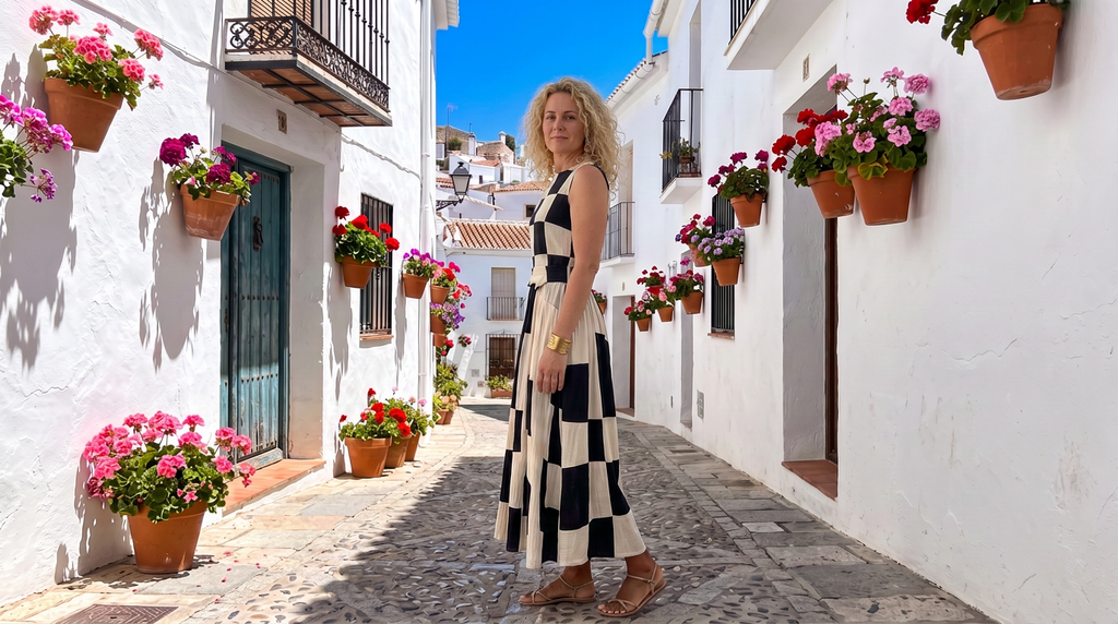 Vestido Maxi Noa: Estampado Geométrico en Blanco y Negro