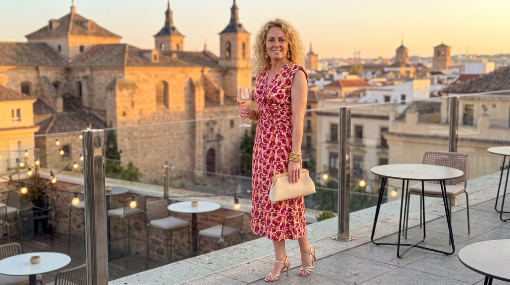 Vestido Midi Alira: Estampado Buganvilla y Crema