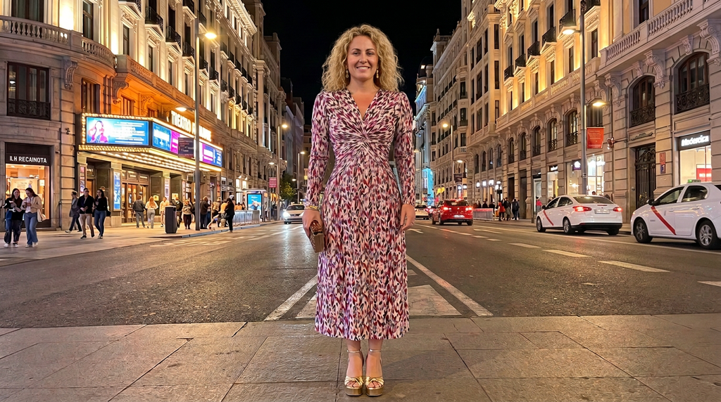 Vestido Midi Casilda: Manga Larga en Buganvilla y Crema
