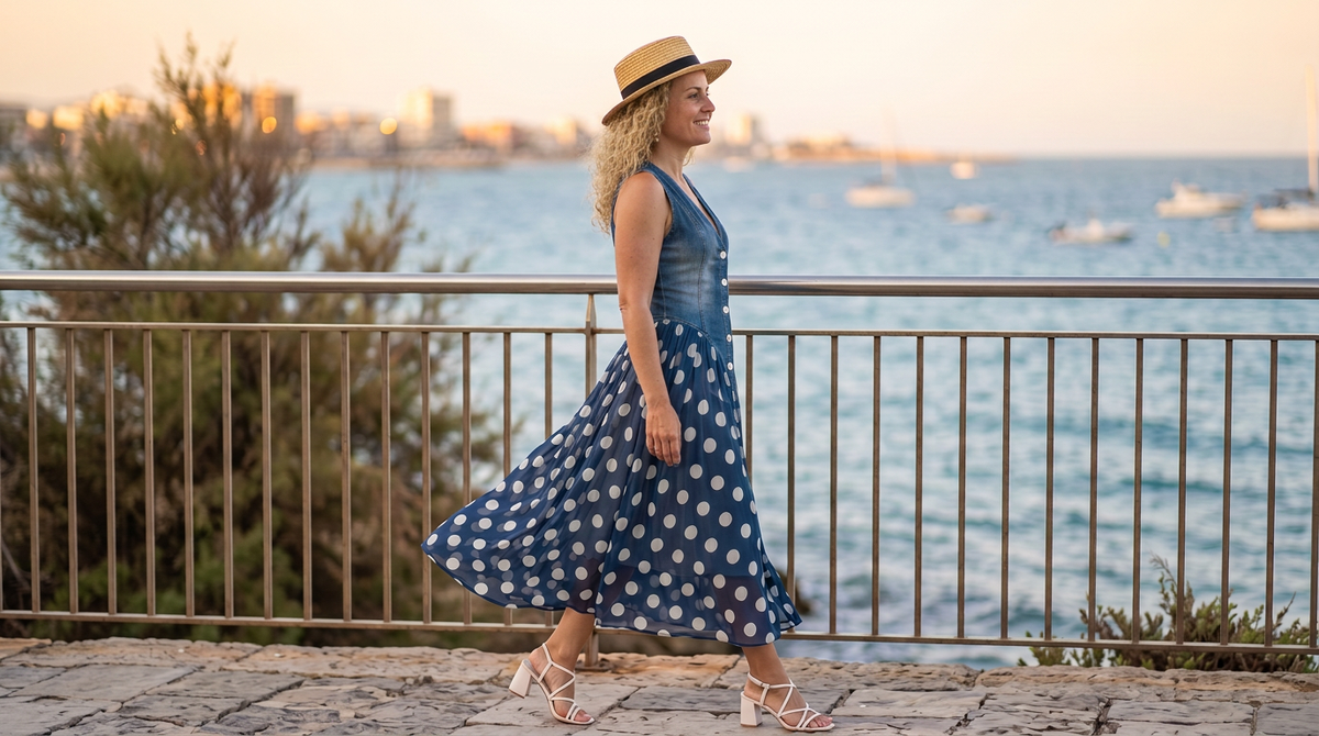 Alba | Vestido Efecto Vaquero con Falda de Chifón de Lunares