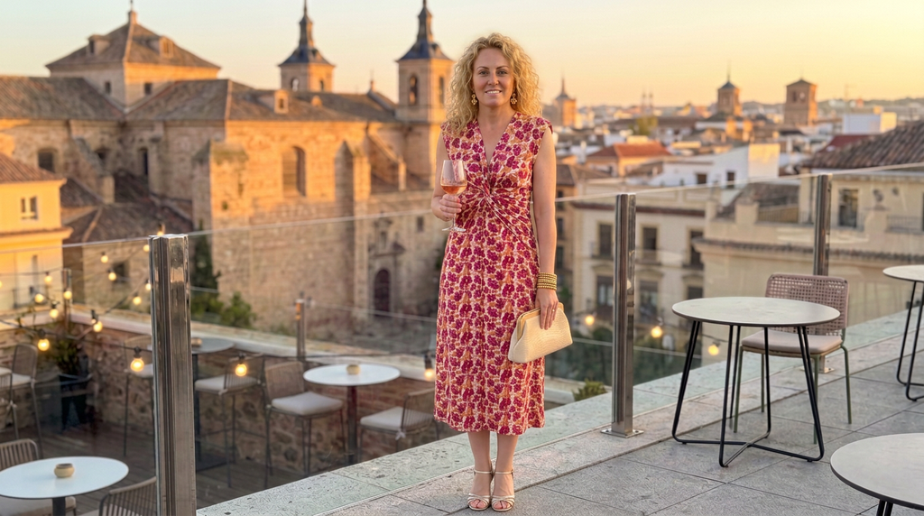Vestido Midi Alira: Estampado Buganvilla y Crema